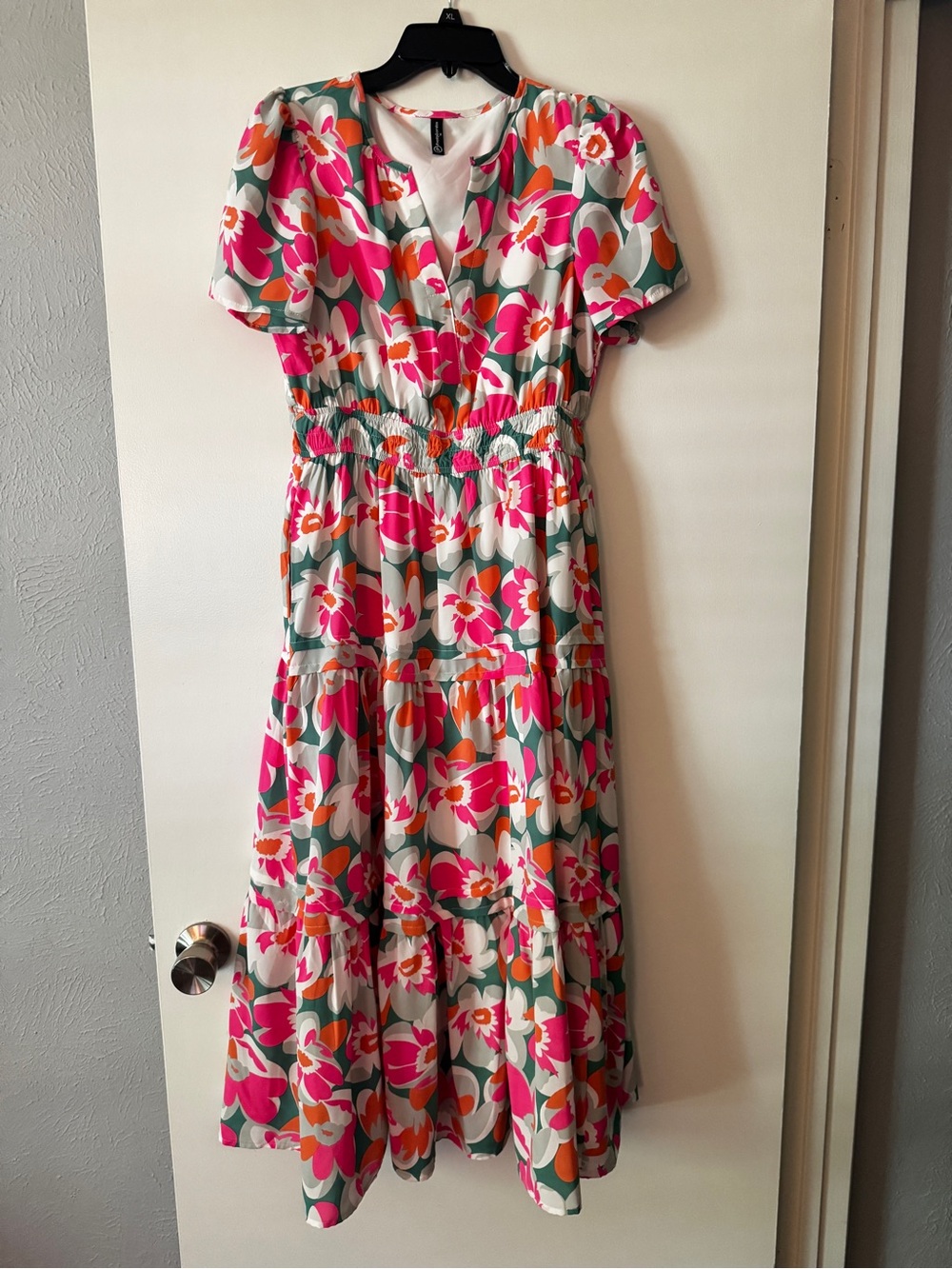 Pretty Garden Floral Tiered V-Neck Midi Dress in Pink & Green